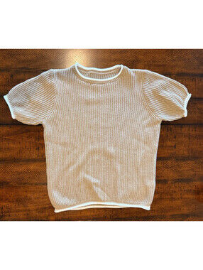 Women's Light Khaki Open Knit Sweater Top White Contrast Trim  Women's Size S
